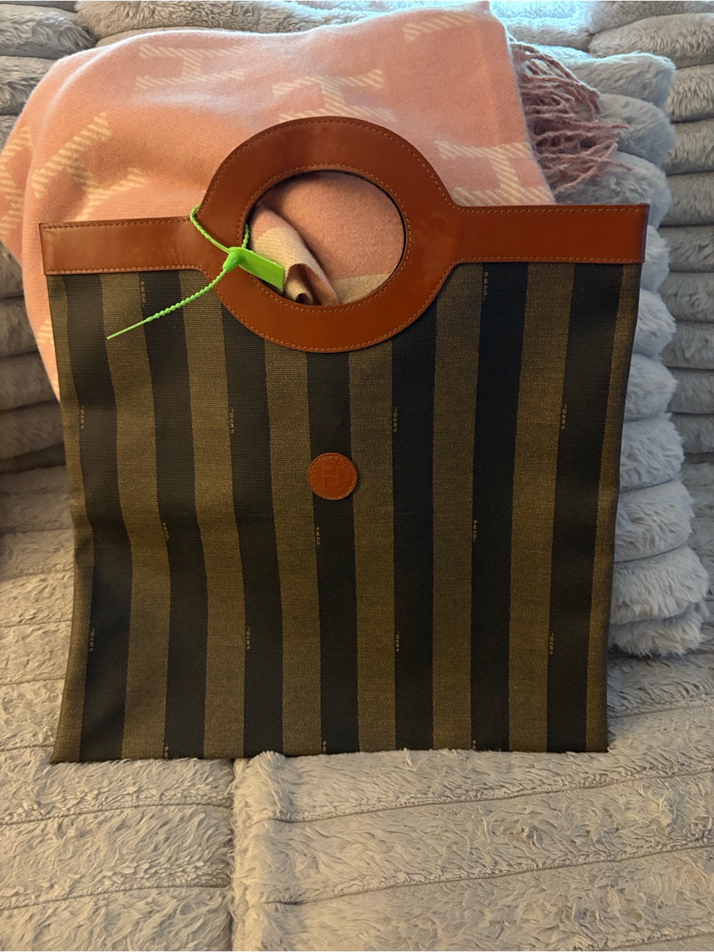 Fendi Striped Leather-Trim Tote Bag In Brown Round Top Handle